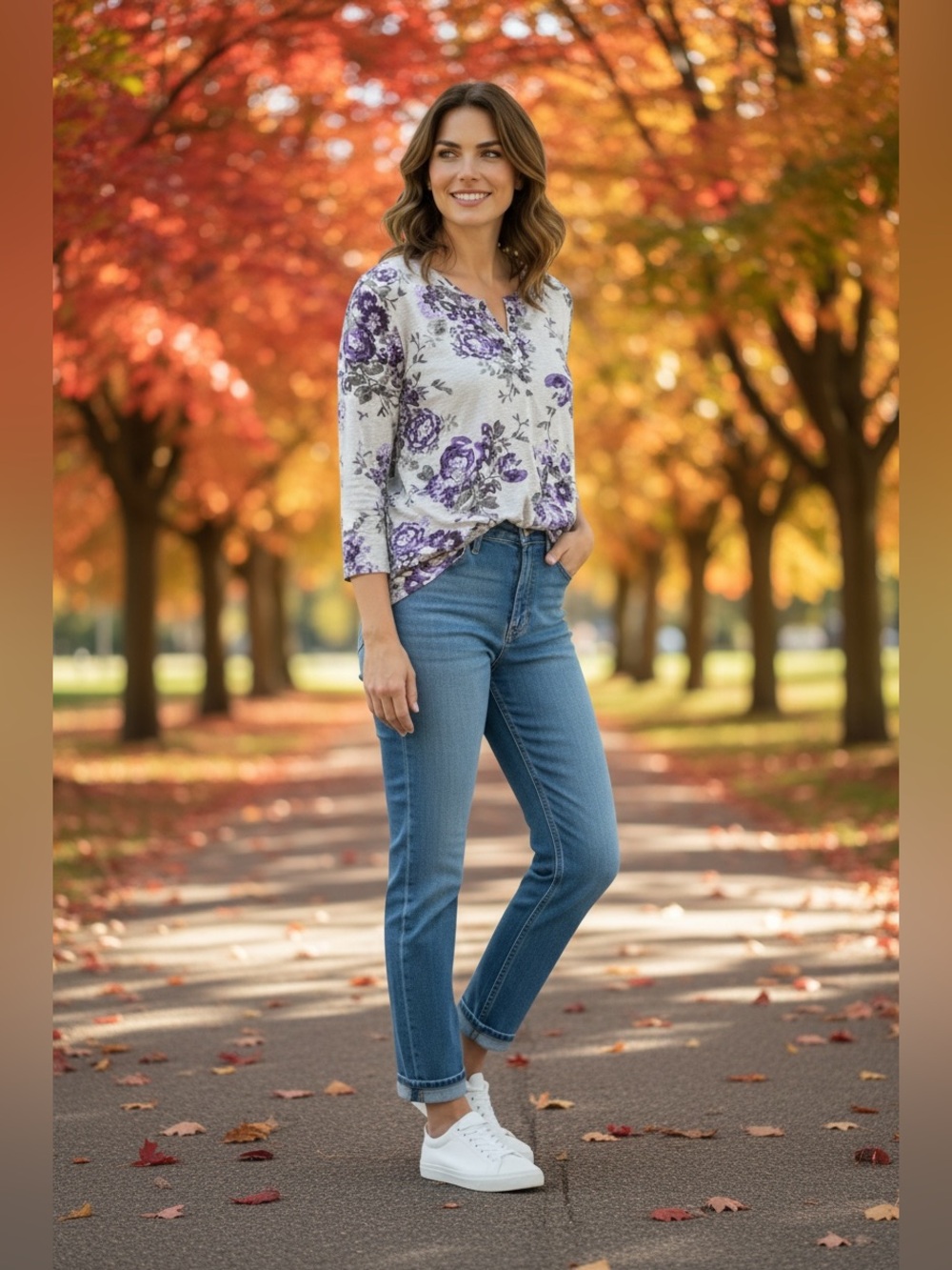 Karen Scott Floral Henley Tunic Top in Purple Flowers.